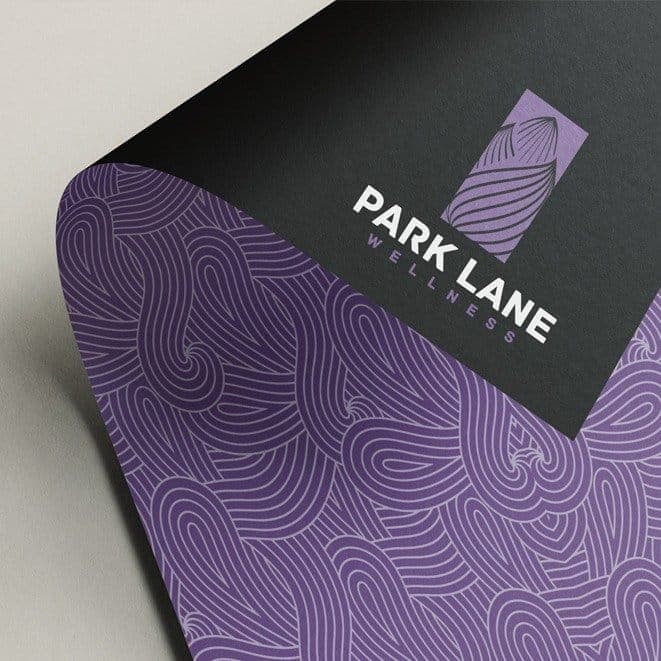 Park Lane Wellness identity with purple organic pattern