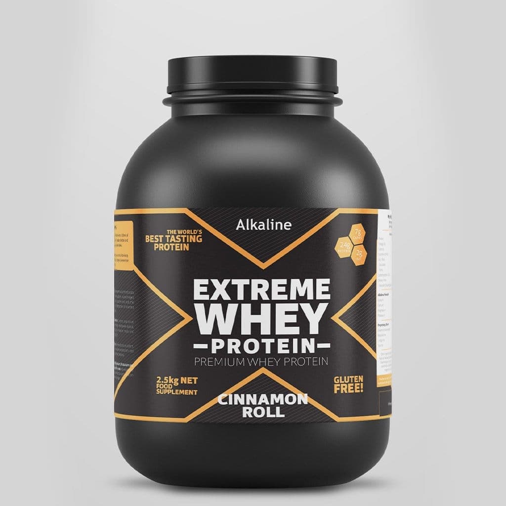 Alkaline Extreme Whey protein packaging, black and gold