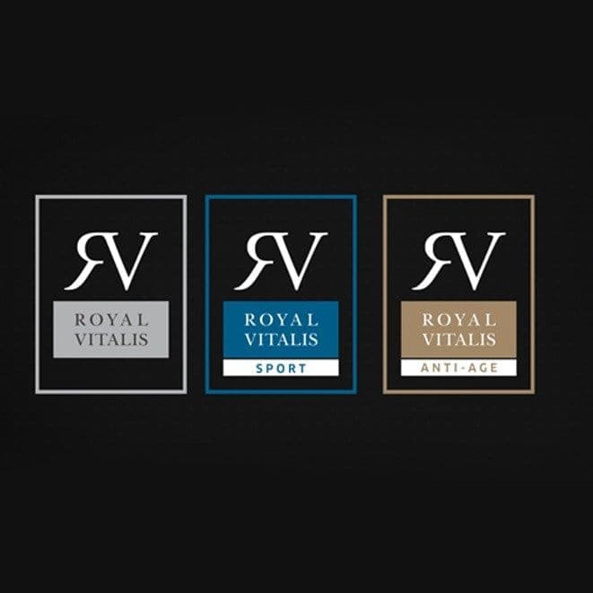 Royal Vitalis brand identity, three premium label variants on black